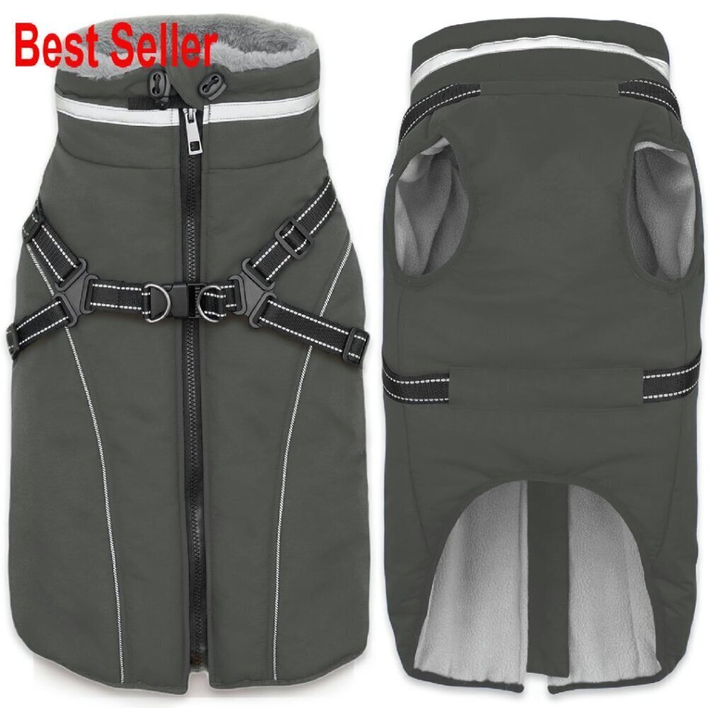 Waterproof Dog Coat with Built-In Harness Fleece Lined Winter Parka Classic
